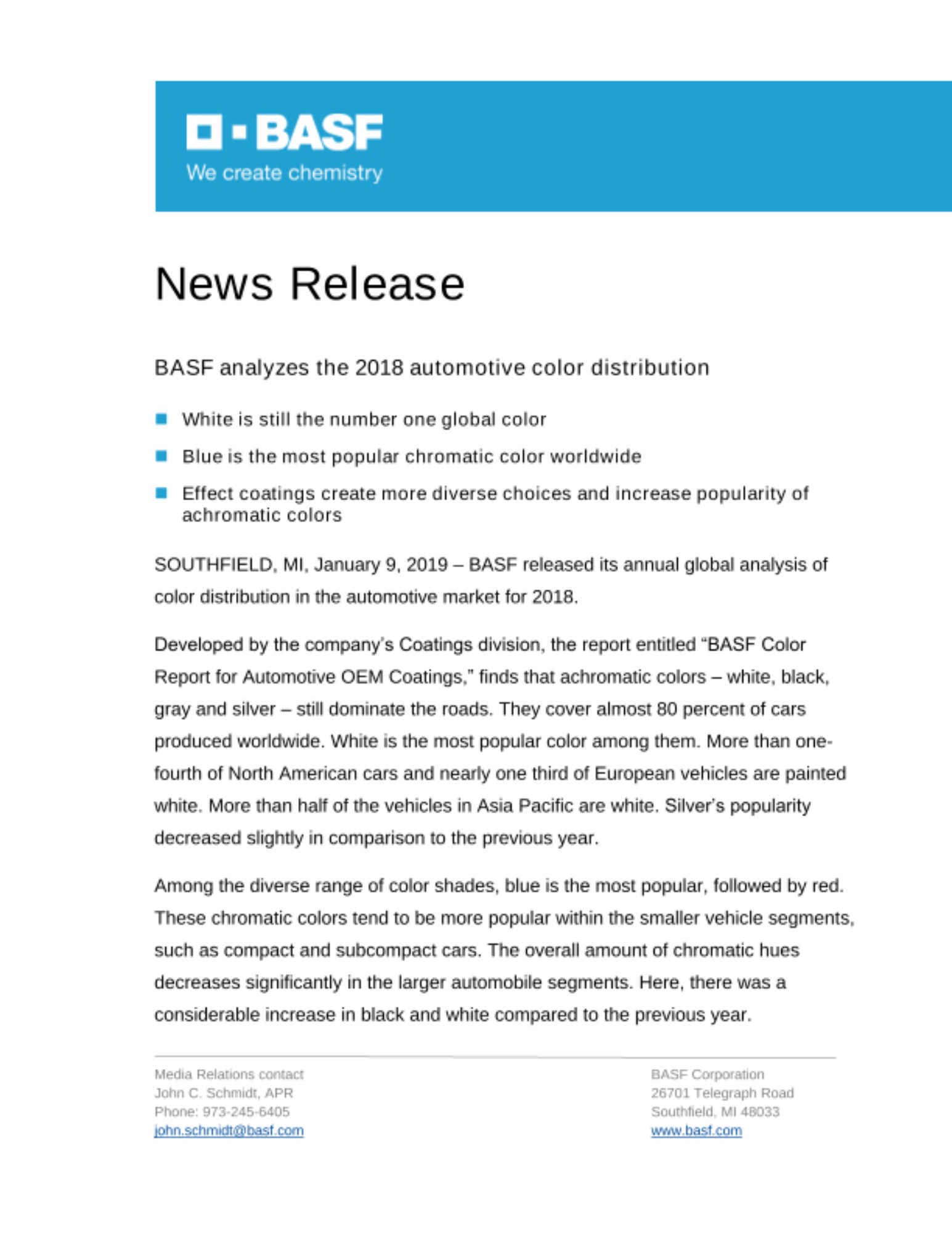 BASF released its annual global analysis of color distribution in the automotive market for 2018.